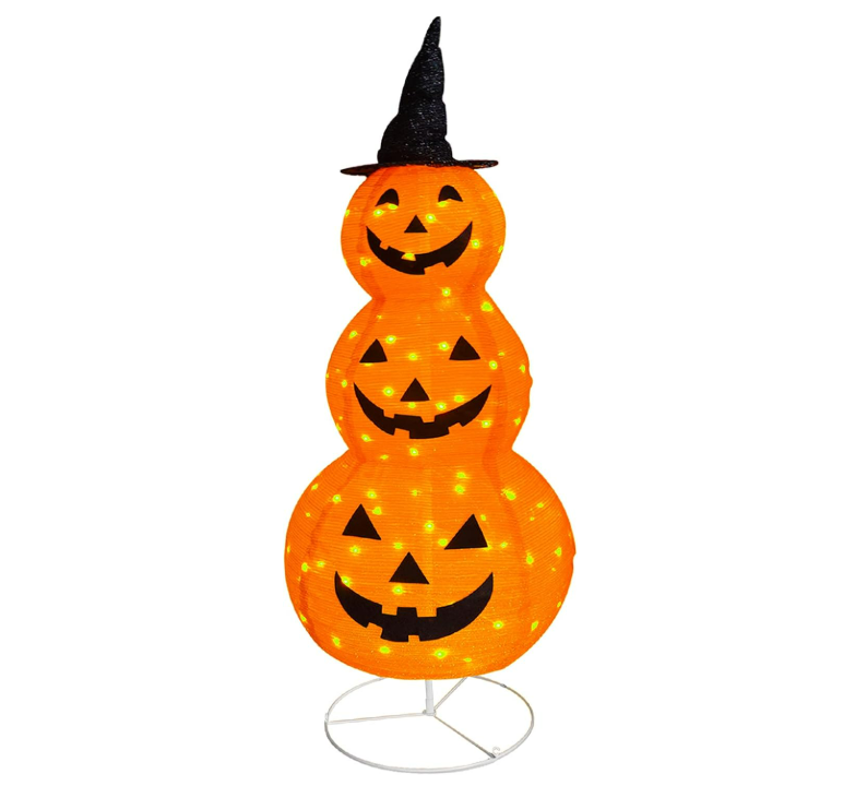 FUNPENY Halloween Collapsible Pumpkin Decorations, Pre-Lit Light Up Pumpkin with Hat, Pop Up Jack-o-Lantern with Metal Stand for Indoor Outdoor Yard Holiday Decor (5FT Pumpkin)