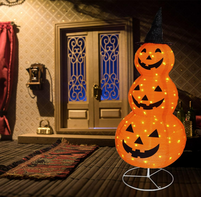 FUNPENY Halloween Collapsible Pumpkin Decorations, Pre-Lit Light Up Pumpkin with Hat, Pop Up Jack-o-Lantern with Metal Stand for Indoor Outdoor Yard Holiday Decor (5FT Pumpkin)