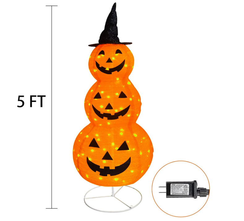 FUNPENY Halloween Collapsible Pumpkin Decorations, Pre-Lit Light Up Pumpkin with Hat, Pop Up Jack-o-Lantern with Metal Stand for Indoor Outdoor Yard Holiday Decor (5FT Pumpkin)