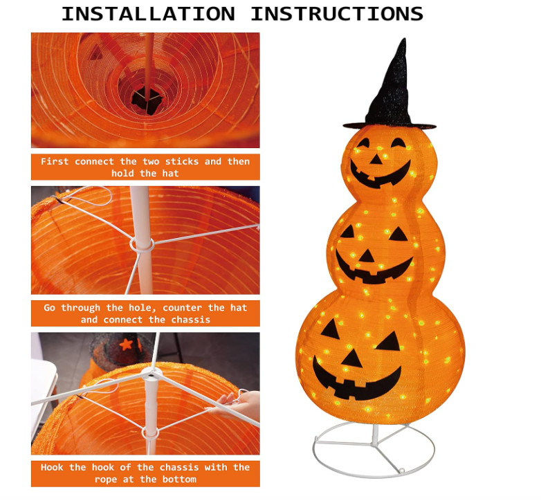 FUNPENY Halloween Collapsible Pumpkin Decorations, Pre-Lit Light Up Pumpkin with Hat, Pop Up Jack-o-Lantern with Metal Stand for Indoor Outdoor Yard Holiday Decor (5FT Pumpkin)