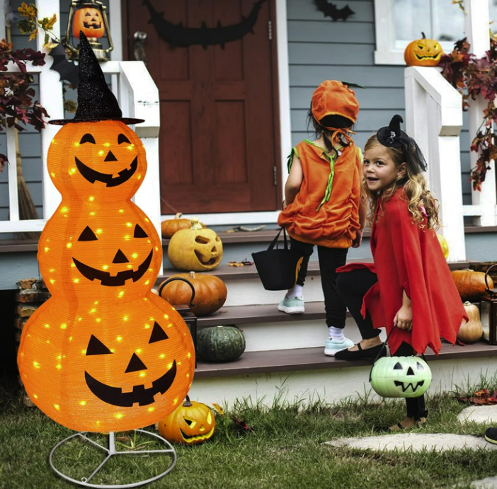 FUNPENY Halloween Collapsible Pumpkin Decorations, Pre-Lit Light Up Pumpkin with Hat, Pop Up Jack-o-Lantern with Metal Stand for Indoor Outdoor Yard Holiday Decor (5FT Pumpkin)