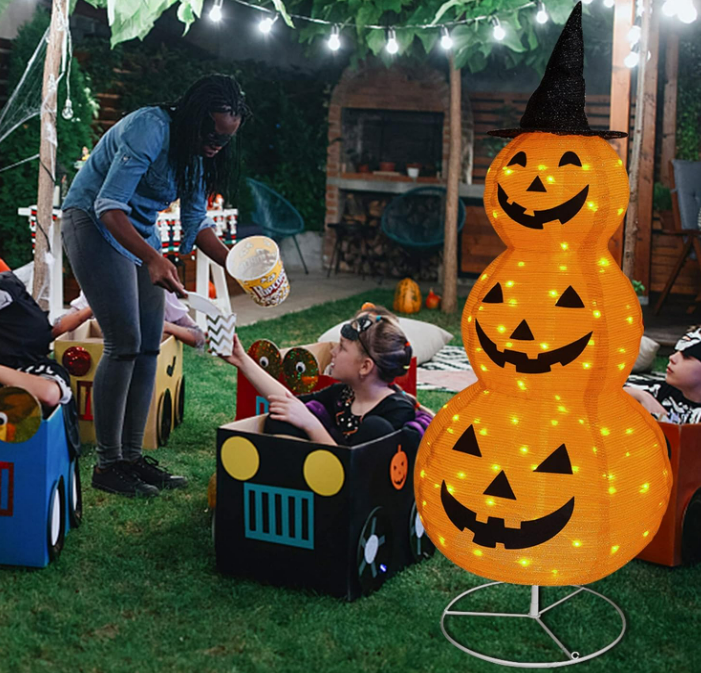 FUNPENY Halloween Collapsible Pumpkin Decorations, Pre-Lit Light Up Pumpkin with Hat, Pop Up Jack-o-Lantern with Metal Stand for Indoor Outdoor Yard Holiday Decor (5FT Pumpkin)